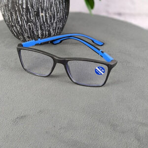 Reading reader glasses, 2.50+ blue and black plastic frame, blue blocking lenses